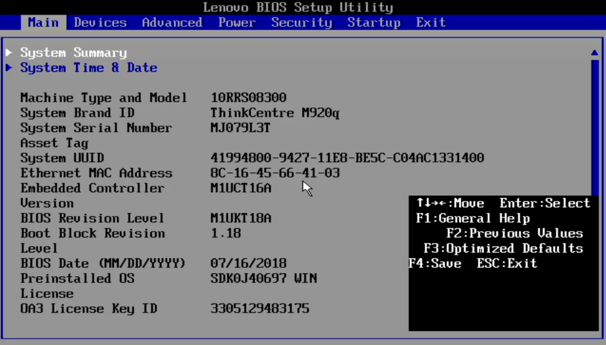 Lenovo Setup Utility — Main screen. Use the Security and Startup tabs along the top.